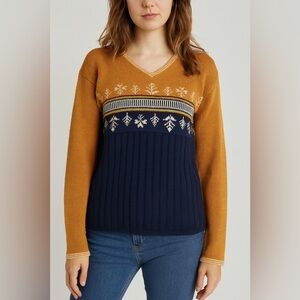 Nils Skiwear Nordic Snowflake Pattern Sweater in Mustard Yellow and Navy Size M